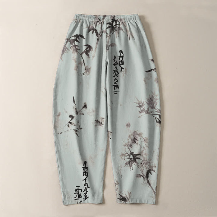 Buddha Stones Pantaloni da uomo affusolati con coulisse e tasche, in puro cotone, con motivo calligrafico Bamboo Ink e stampa a inchiostro. - image 14