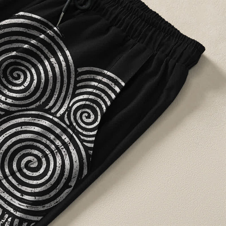 Buddha Stones Pantaloni da uomo affusolati in puro cotone con coulisse e motivo a spirale concentrica, dotati di tasche. - image 4