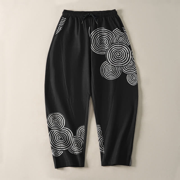 Buddha Stones Pantaloni da uomo affusolati in puro cotone con coulisse e motivo a spirale concentrica, dotati di tasche. - image 2