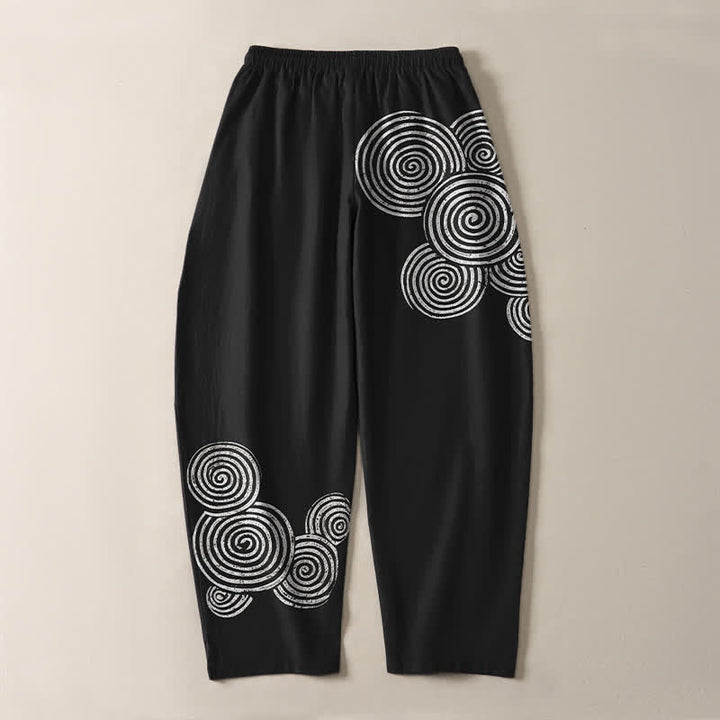 Buddha Stones Pantaloni da uomo affusolati in puro cotone con coulisse e motivo a spirale concentrica, dotati di tasche. - image 3