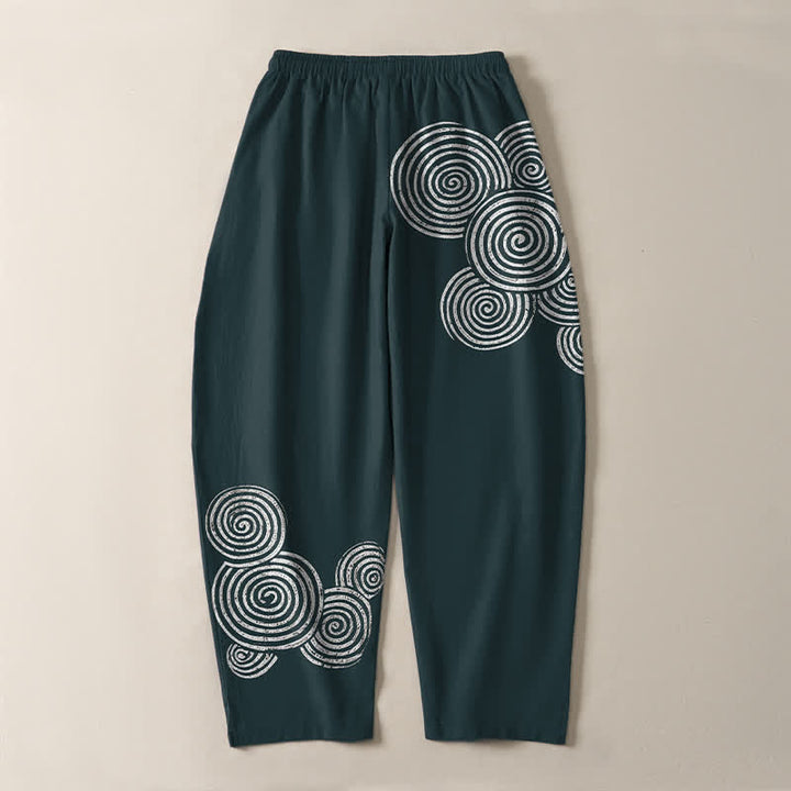 Buddha Stones Pantaloni da uomo affusolati in puro cotone con coulisse e motivo a spirale concentrica, dotati di tasche. - image 14