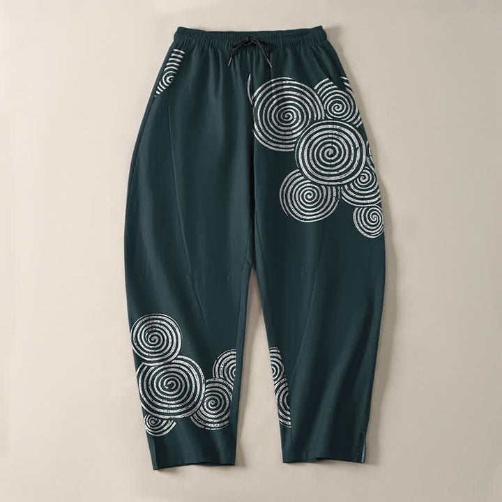 Buddha Stones Pantaloni da uomo affusolati in puro cotone con coulisse e motivo a spirale concentrica, dotati di tasche. - image 13