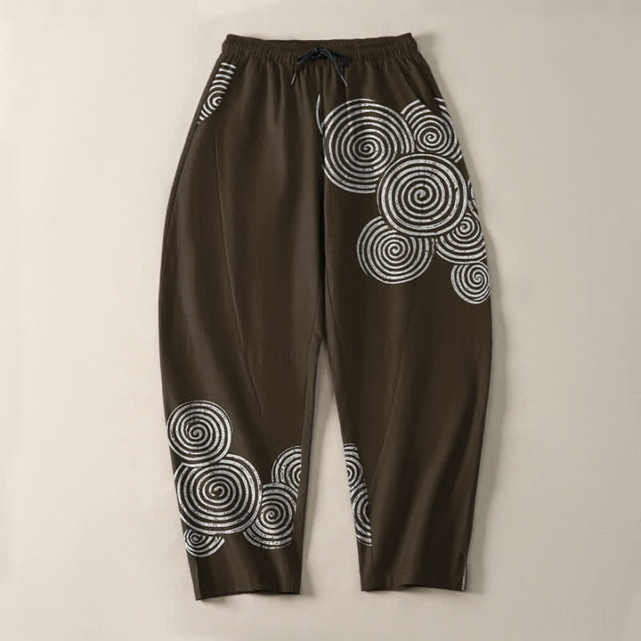Buddha Stones Pantaloni da uomo affusolati in puro cotone con coulisse e motivo a spirale concentrica, dotati di tasche. - image 9