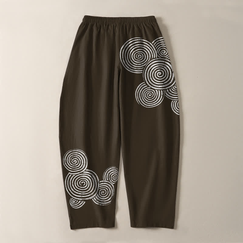 Buddha Stones Pantaloni da uomo affusolati in puro cotone con coulisse e motivo a spirale concentrica, dotati di tasche. - image 10