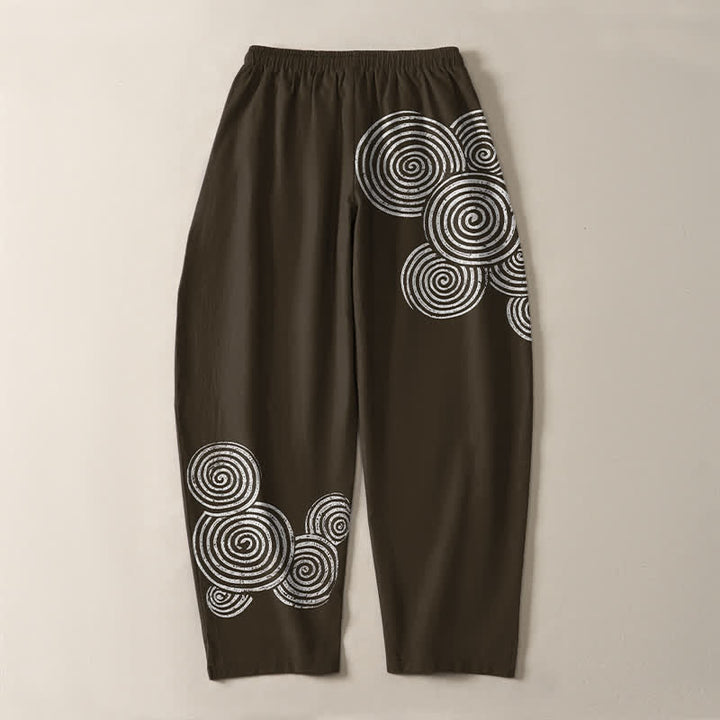 Buddha Stones Pantaloni da uomo affusolati in puro cotone con coulisse e motivo a spirale concentrica, dotati di tasche. - image 10