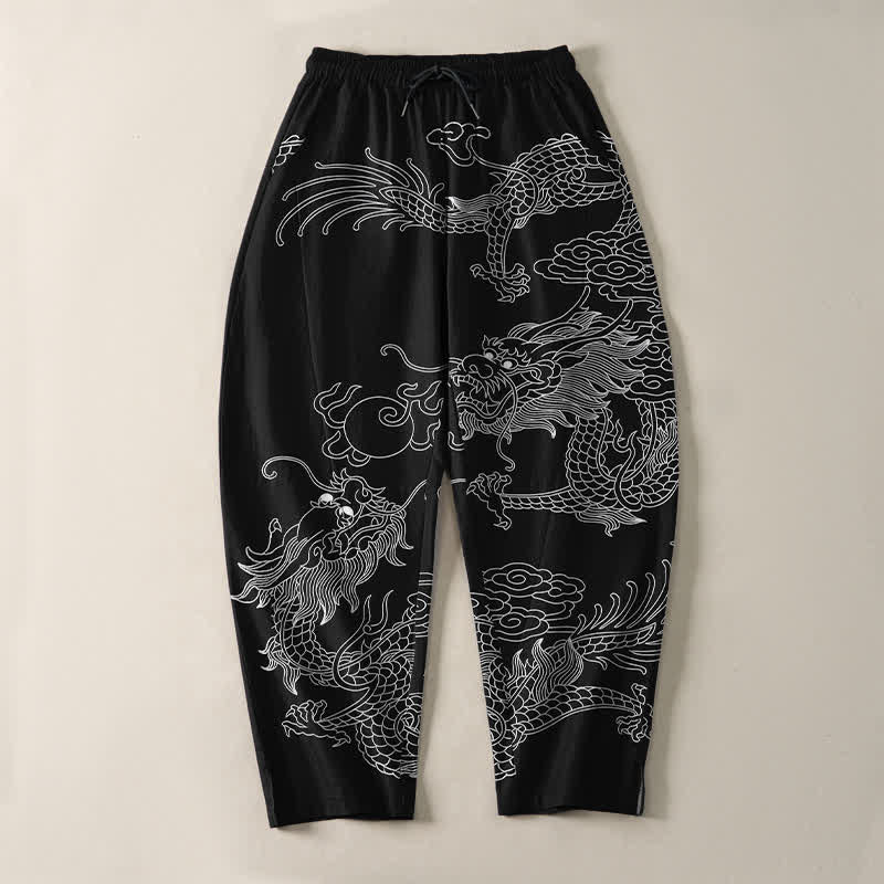 Buddha Stones Pantaloni da uomo affusolati in puro cotone con motivo drago imperiale e coulisse, con tasche. - image 2