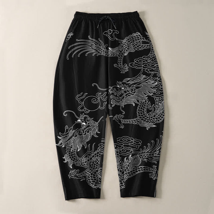 Buddha Stones Pantaloni da uomo affusolati in puro cotone con motivo drago imperiale e coulisse, con tasche. - image 2