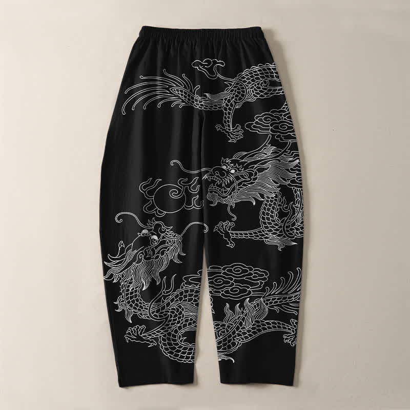 Buddha Stones Pantaloni da uomo affusolati in puro cotone con motivo drago imperiale e coulisse, con tasche. - image 3