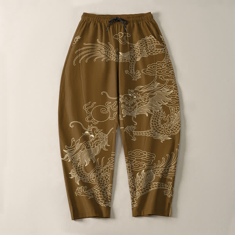 Buddha Stones Pantaloni da uomo affusolati in puro cotone con motivo drago imperiale e coulisse, con tasche. - image 13