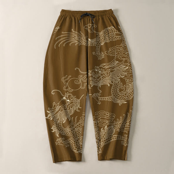 Buddha Stones Pantaloni da uomo affusolati in puro cotone con motivo drago imperiale e coulisse, con tasche. - image 13
