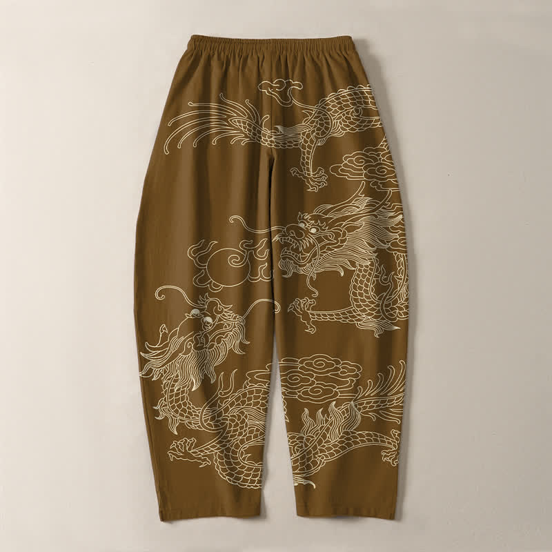 Buddha Stones Pantaloni da uomo affusolati in puro cotone con motivo drago imperiale e coulisse, con tasche. - image 14