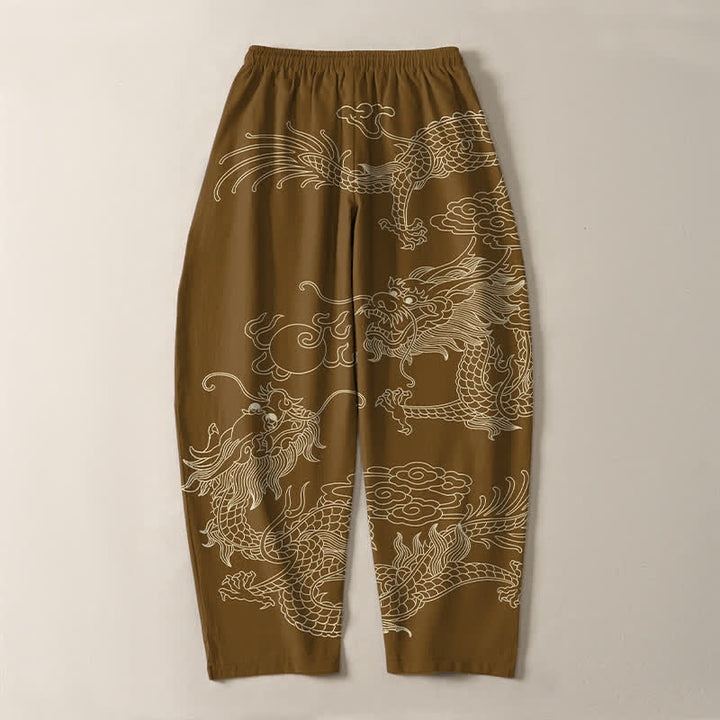Buddha Stones Pantaloni da uomo affusolati in puro cotone con motivo drago imperiale e coulisse, con tasche. - image 14