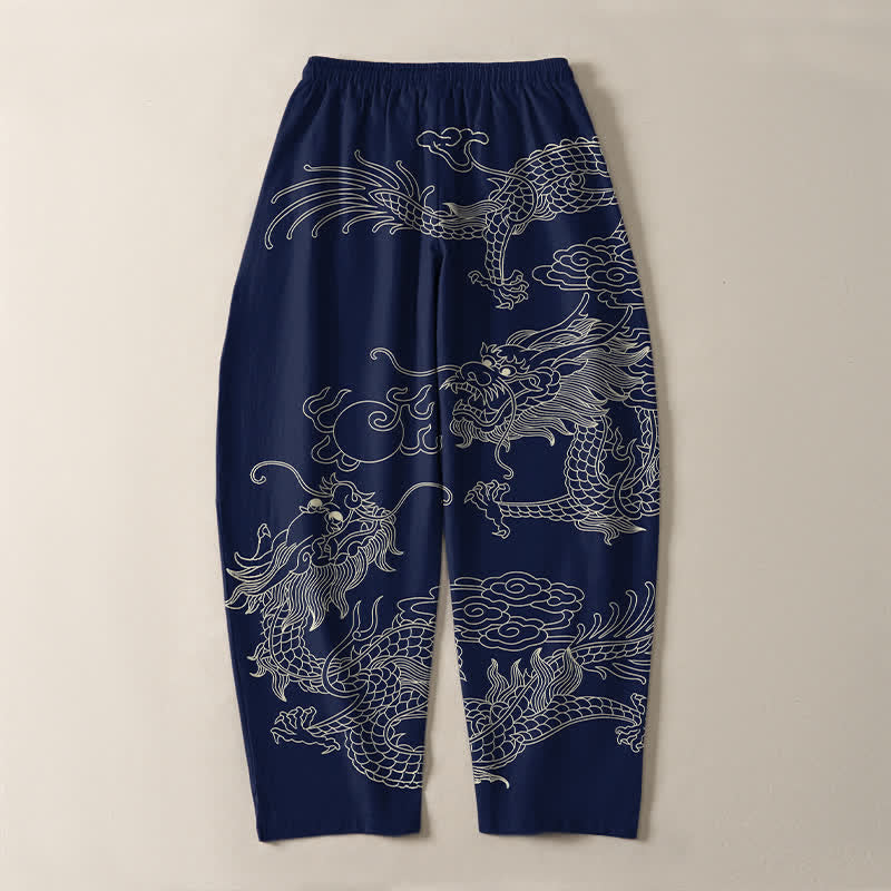 Buddha Stones Pantaloni da uomo affusolati in puro cotone con motivo drago imperiale e coulisse, con tasche. - image 10