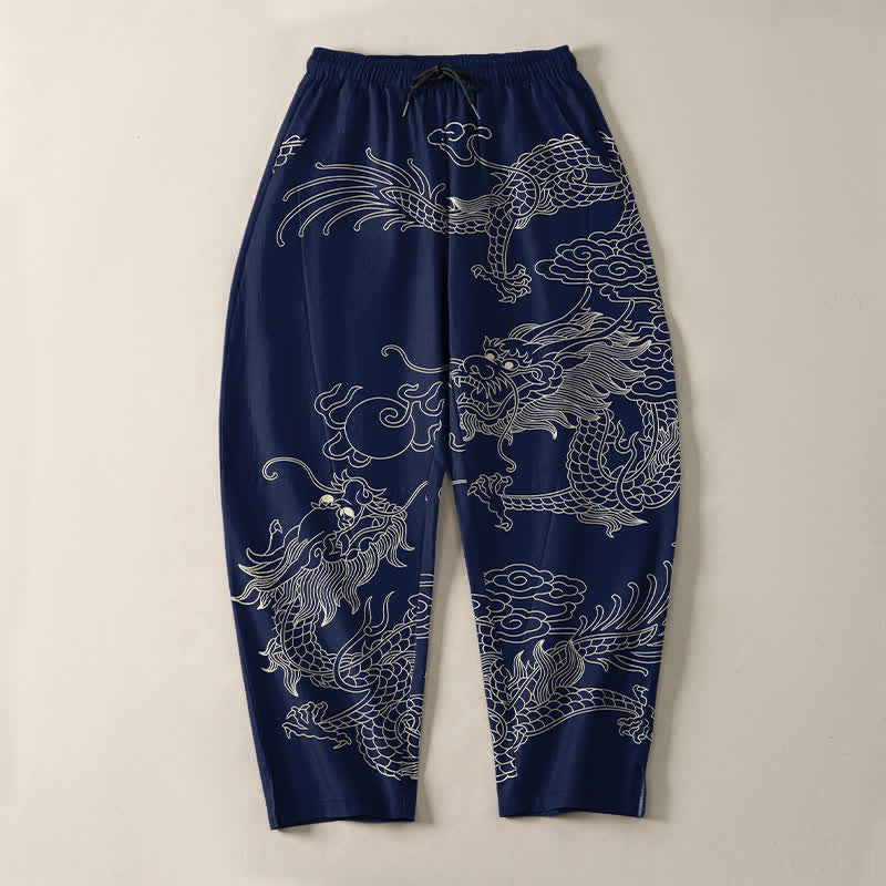 Buddha Stones Pantaloni da uomo affusolati in puro cotone con motivo drago imperiale e coulisse, con tasche. - image 9
