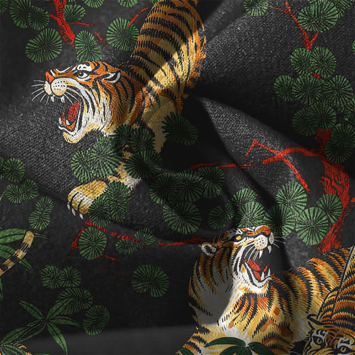Buddha Stones Pantaloni da uomo affusolati con coulisse e tasche, in puro cotone, con stampa tigre e foglie di bambù. - image 6