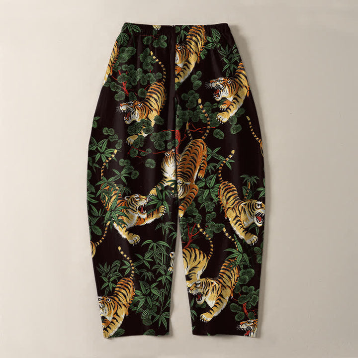 Buddha Stones Pantaloni da uomo affusolati con coulisse e tasche, in puro cotone, con stampa tigre e foglie di bambù. - image 10