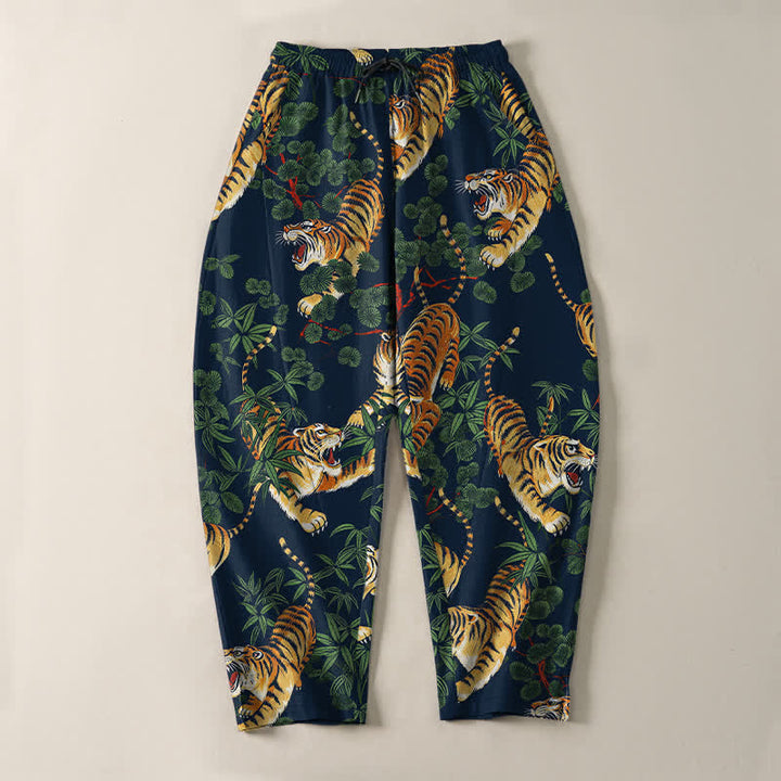 Buddha Stones Pantaloni da uomo affusolati con coulisse e tasche, in puro cotone, con stampa tigre e foglie di bambù. - image 13