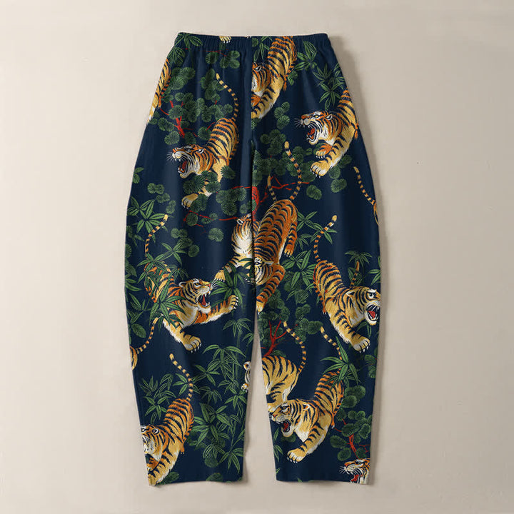 Buddha Stones Pantaloni da uomo affusolati con coulisse e tasche, in puro cotone, con stampa tigre e foglie di bambù. - image 14
