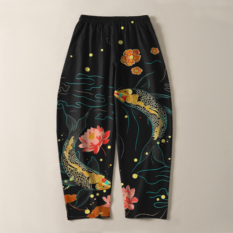 Buddha Stones Pantaloni da uomo affusolati con coulisse e tasche, in puro cotone, con motivo a onde di loto e koi dorati. - image 3