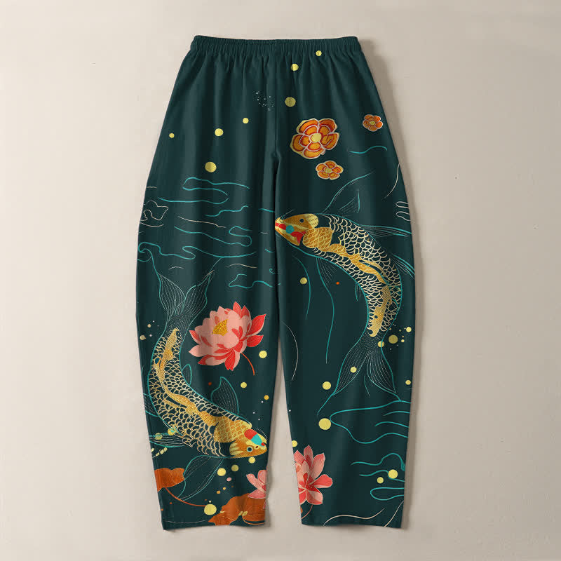 Buddha Stones Pantaloni da uomo affusolati con coulisse e tasche, in puro cotone, con motivo a onde di loto e koi dorati. - image 10