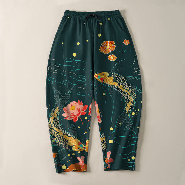 Buddha Stones Pantaloni da uomo affusolati con coulisse e tasche, in puro cotone, con motivo a onde di loto e koi dorati. - image 9