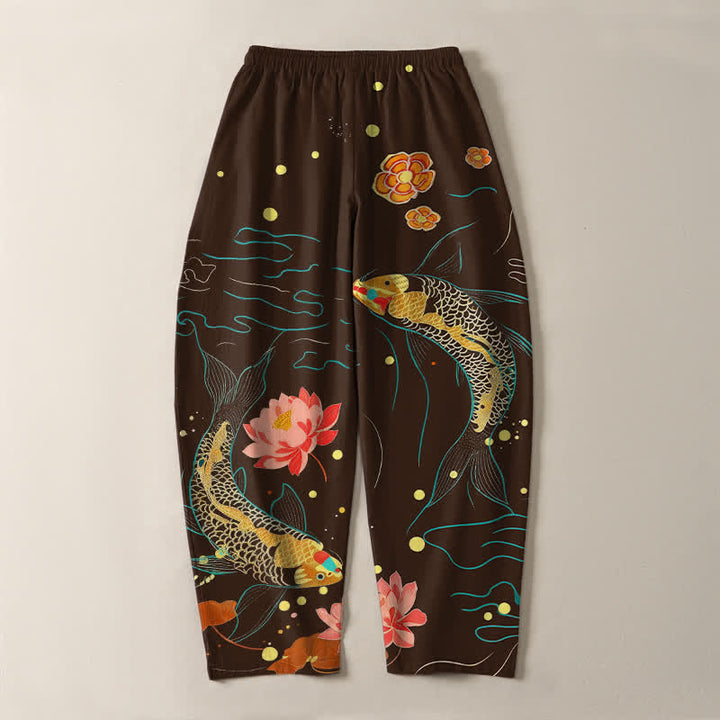 Buddha Stones Pantaloni da uomo affusolati con coulisse e tasche, in puro cotone, con motivo a onde di loto e koi dorati. - image 14