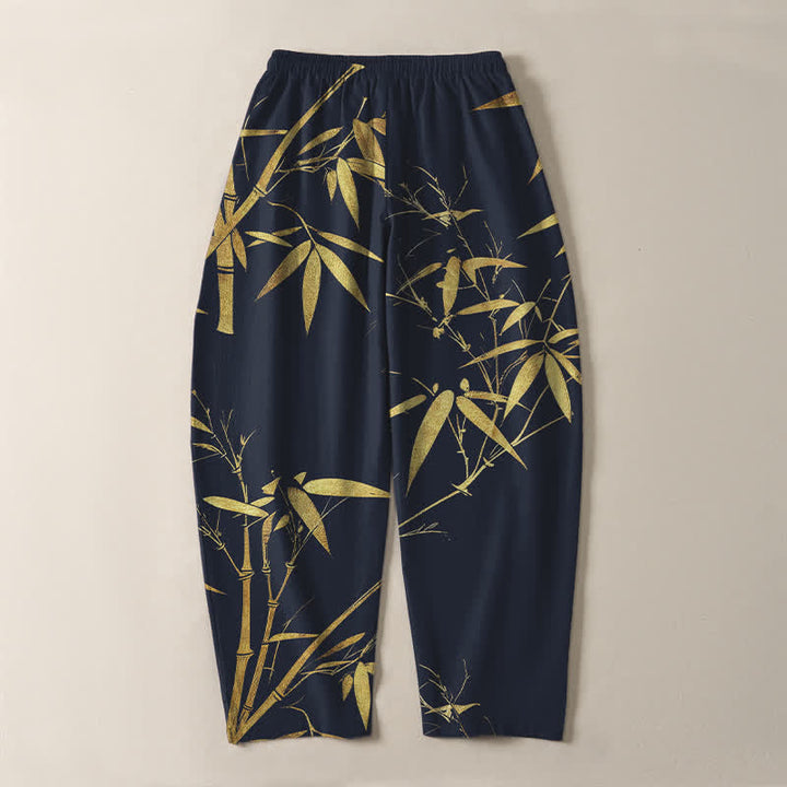 Buddha Stones Pantaloni da uomo affusolati in puro cotone con motivo bambù dorato e coulisse, con tasche. - image 3