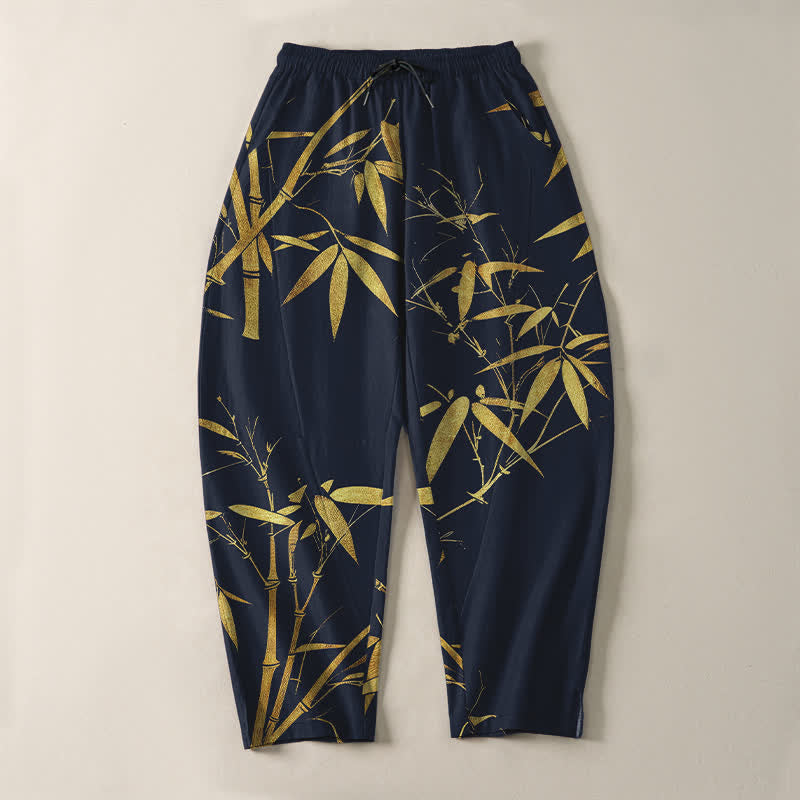 Buddha Stones Pantaloni da uomo affusolati in puro cotone con motivo bambù dorato e coulisse, con tasche. - image 2