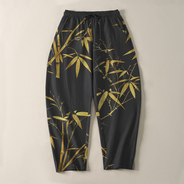 Buddha Stones Pantaloni da uomo affusolati in puro cotone con motivo bambù dorato e coulisse, con tasche. - image 9