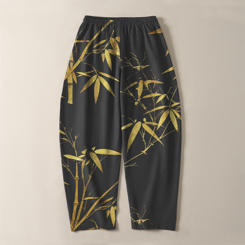 Buddha Stones Pantaloni da uomo affusolati in puro cotone con motivo bambù dorato e coulisse, con tasche. - image 10