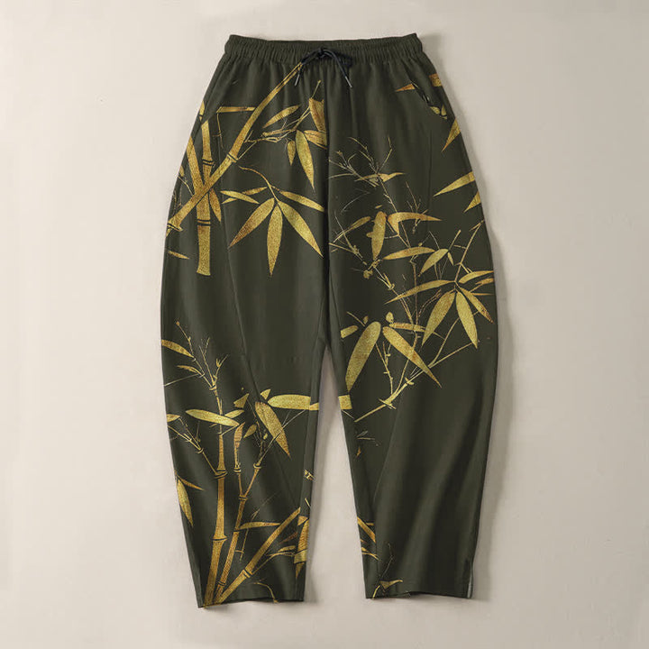 Buddha Stones Pantaloni da uomo affusolati in puro cotone con motivo bambù dorato e coulisse, con tasche. - image 13