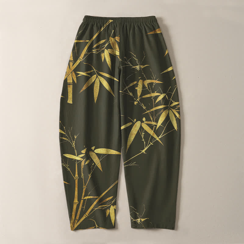 Buddha Stones Pantaloni da uomo affusolati in puro cotone con motivo bambù dorato e coulisse, con tasche. - image 14