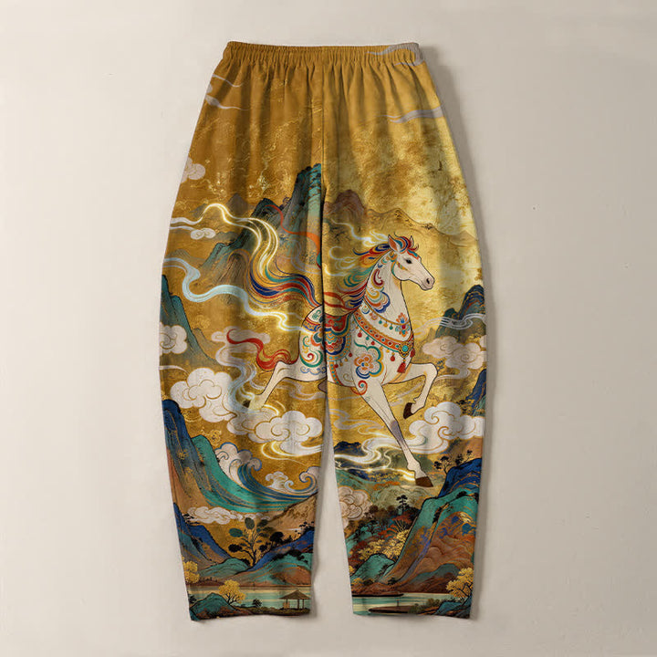 Buddha Stones Pantaloni da uomo affusolati in puro cotone con coulisse e tasche, con motivo a cavallino bianco in corsa. - image 3