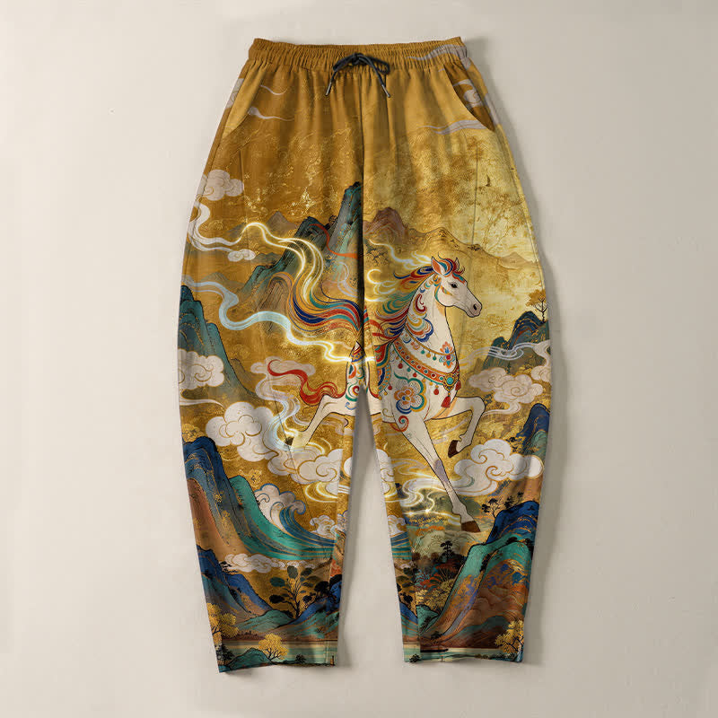 Buddha Stones Pantaloni da uomo affusolati in puro cotone con coulisse e tasche, con motivo a cavallino bianco in corsa. - image 2