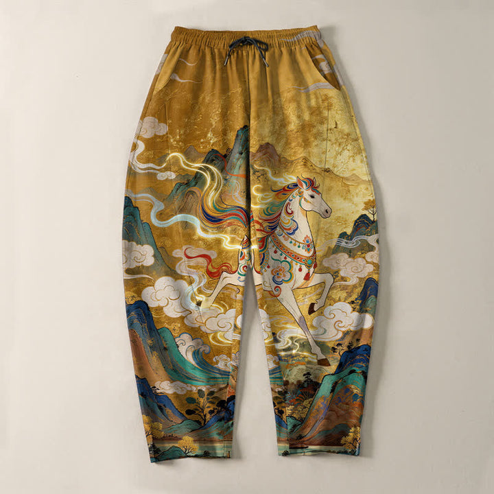 Buddha Stones Pantaloni da uomo affusolati in puro cotone con coulisse e tasche, con motivo a cavallino bianco in corsa. - image 2