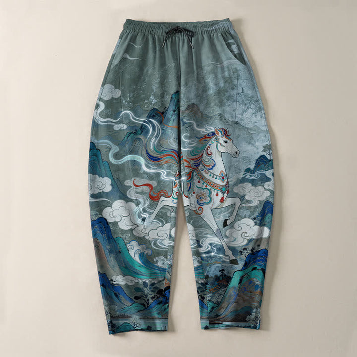 Buddha Stones Pantaloni da uomo affusolati in puro cotone con coulisse e tasche, con motivo a cavallino bianco in corsa. - image 9