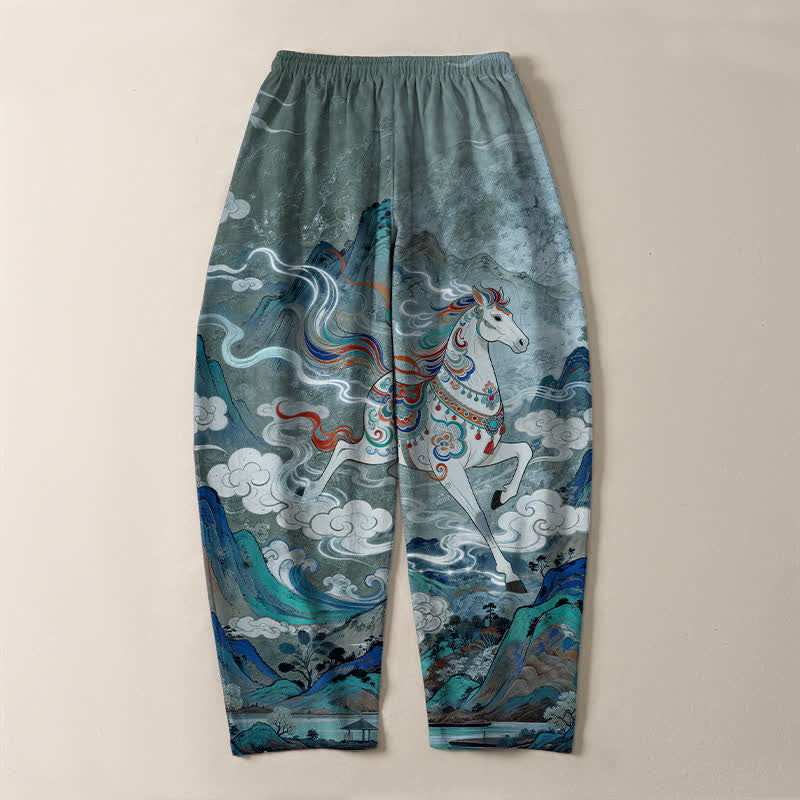 Buddha Stones Pantaloni da uomo affusolati in puro cotone con coulisse e tasche, con motivo a cavallino bianco in corsa. - image 10