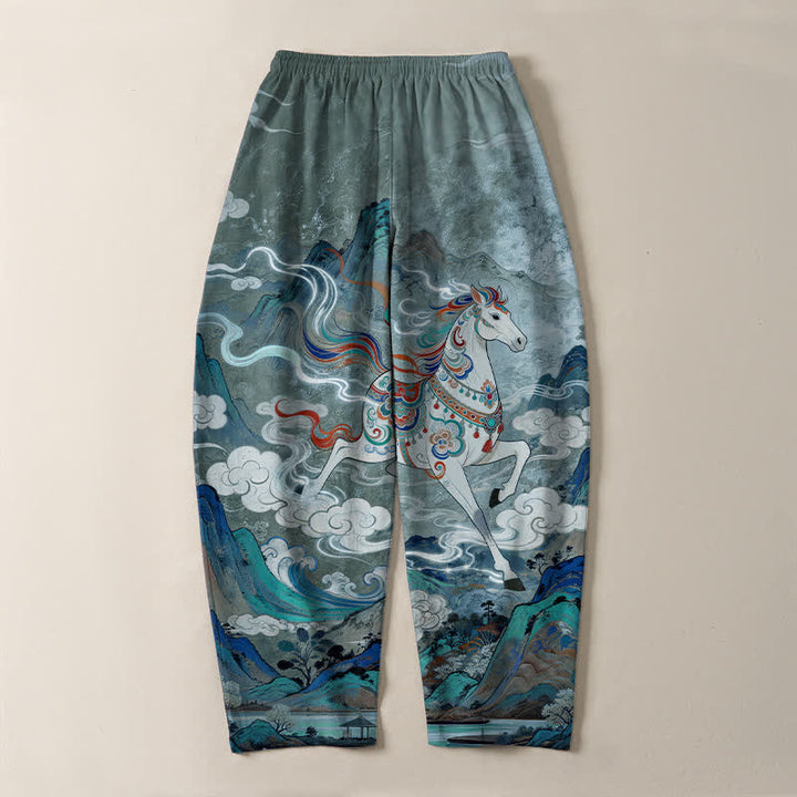 Buddha Stones Pantaloni da uomo affusolati in puro cotone con coulisse e tasche, con motivo a cavallino bianco in corsa. - image 10