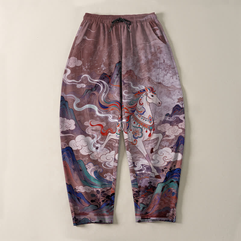Buddha Stones Pantaloni da uomo affusolati in puro cotone con coulisse e tasche, con motivo a cavallino bianco in corsa. - image 13