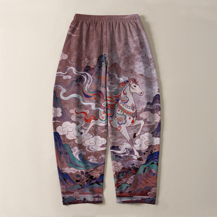Buddha Stones Pantaloni da uomo affusolati in puro cotone con coulisse e tasche, con motivo a cavallino bianco in corsa. - image 14