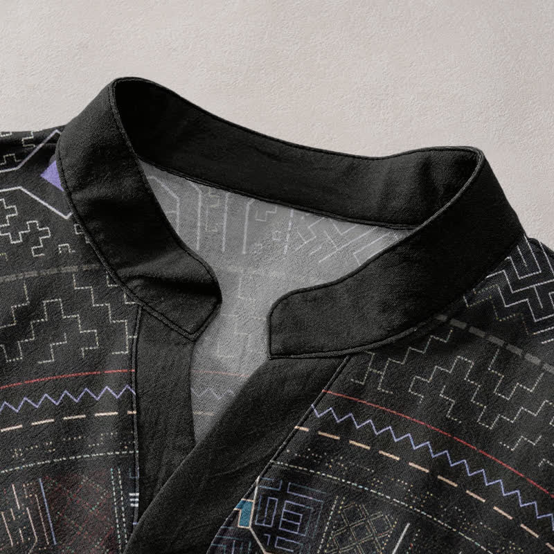 Buddha Stones Camicia da uomo a maniche corte con bottoni a mezzo bottone e motivo mandala tribale in cotone. - image 2