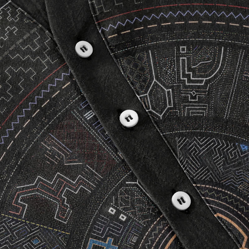 Buddha Stones Camicia da uomo a maniche corte con bottoni a mezzo bottone e motivo mandala tribale in cotone. - image 3