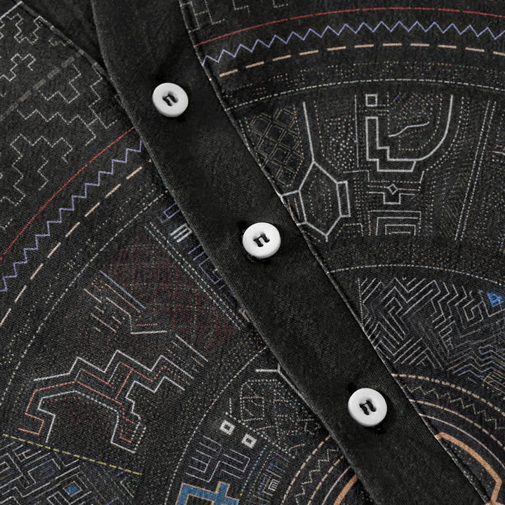 Buddha Stones Camicia da uomo a maniche corte con bottoni a mezzo bottone e motivo mandala tribale in cotone. - image 3