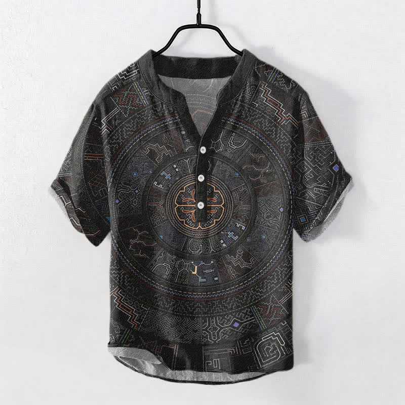 Buddha Stones Camicia da uomo a maniche corte con bottoni a mezzo bottone e motivo mandala tribale in cotone. - Nero - US/UK/AU50, EU60 (5XL) - image 0
