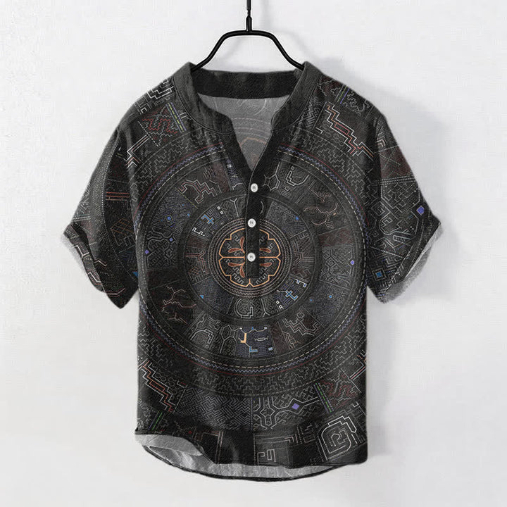 Buddha Stones Camicia da uomo a maniche corte con bottoni a mezzo bottone e motivo mandala tribale in cotone. - Nero - US/UK/AU50, EU60 (5XL) - image 0