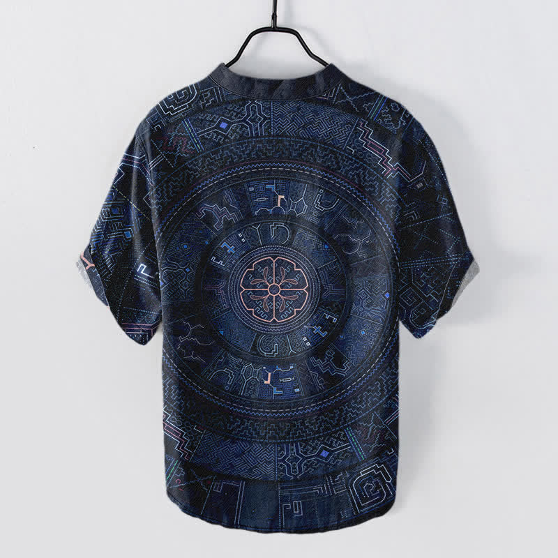 Buddha Stones Camicia da uomo a maniche corte con bottoni a mezzo bottone e motivo mandala tribale in cotone. - image 6