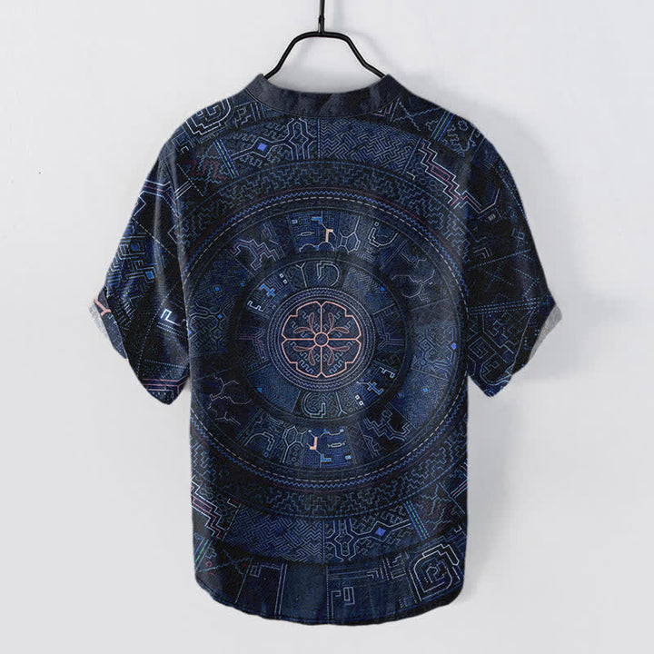 Buddha Stones Camicia da uomo a maniche corte con bottoni a mezzo bottone e motivo mandala tribale in cotone. - image 6