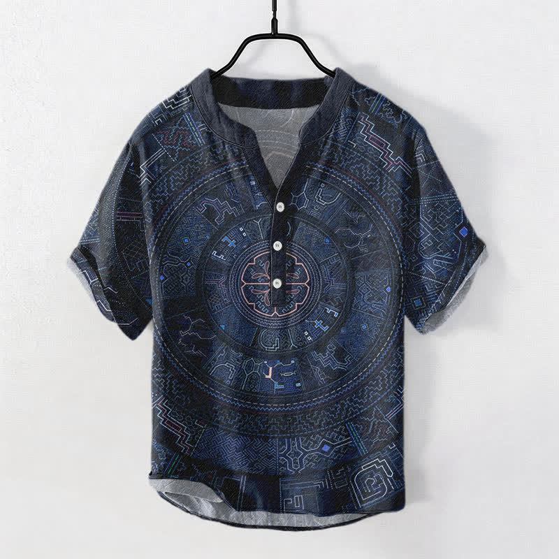 Buddha Stones Camicia da uomo a maniche corte con bottoni a mezzo bottone e motivo mandala tribale in cotone. - Marina - US/UK/AU50, EU60 (5XL) - image 5