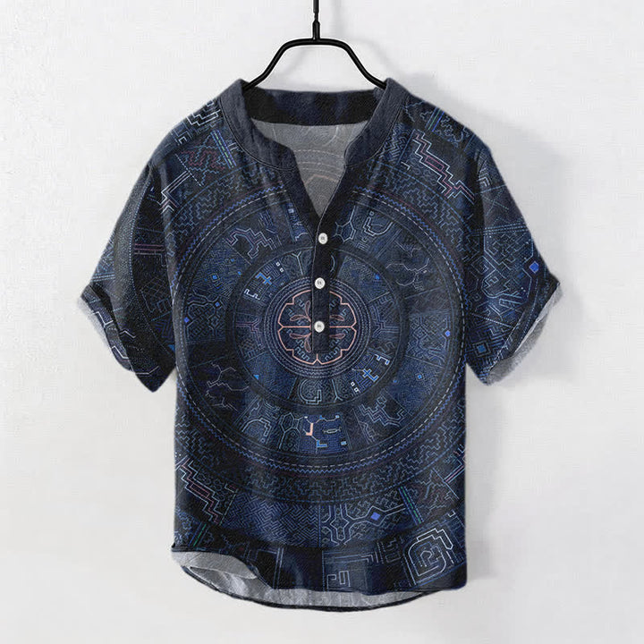 Buddha Stones Camicia da uomo a maniche corte con bottoni a mezzo bottone e motivo mandala tribale in cotone. - Marina - US/UK/AU50, EU60 (5XL) - image 5