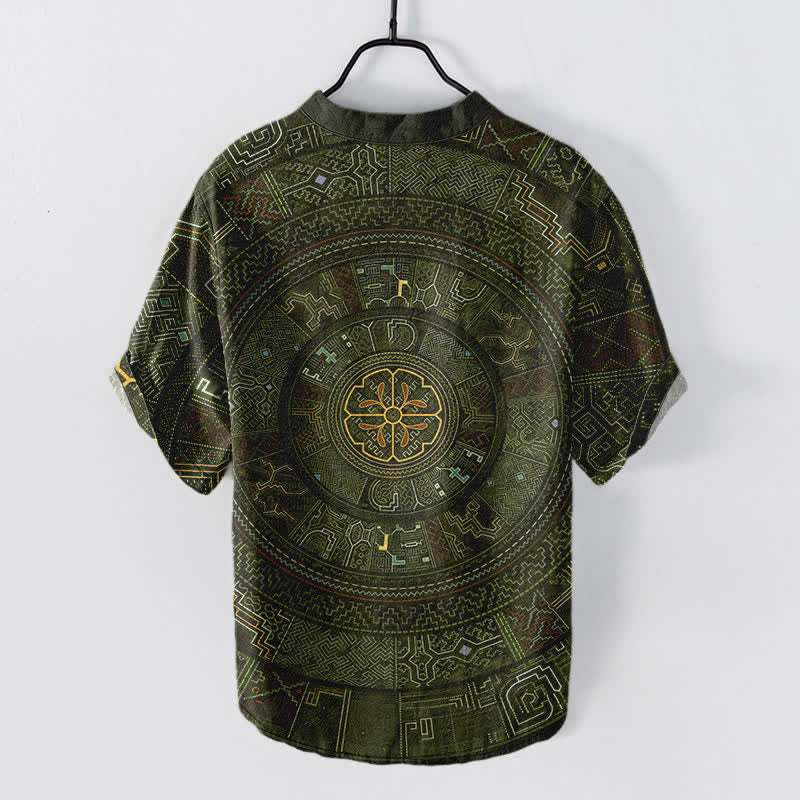 Buddha Stones Camicia da uomo a maniche corte con bottoni a mezzo bottone e motivo mandala tribale in cotone. - image 8